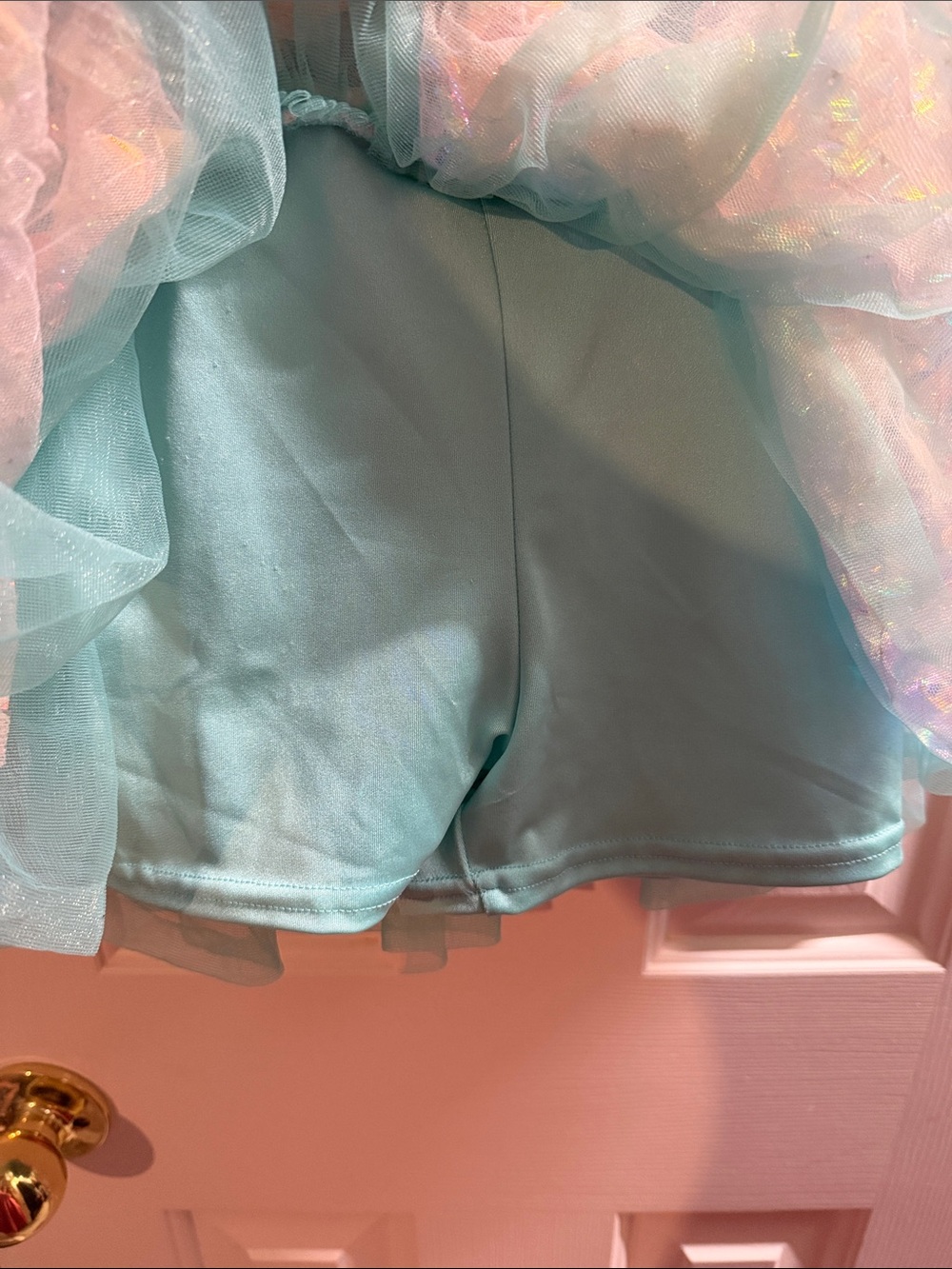 Girls' Aqua Sequin Dance Costume with Iridescent Skirt - Picture 4 of 4